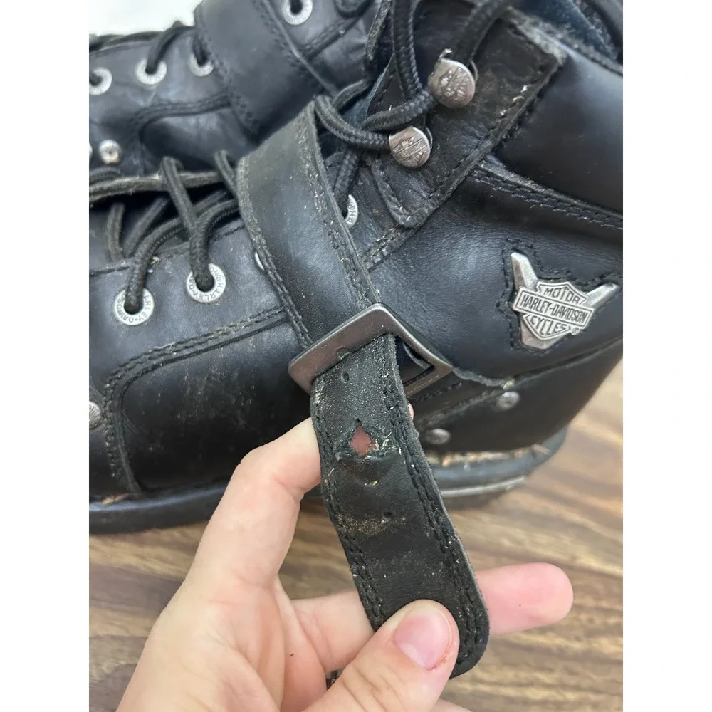 Harley Davidson Mens Black Leather Biker Boots Side Zip Buckle Moto Lug Sole